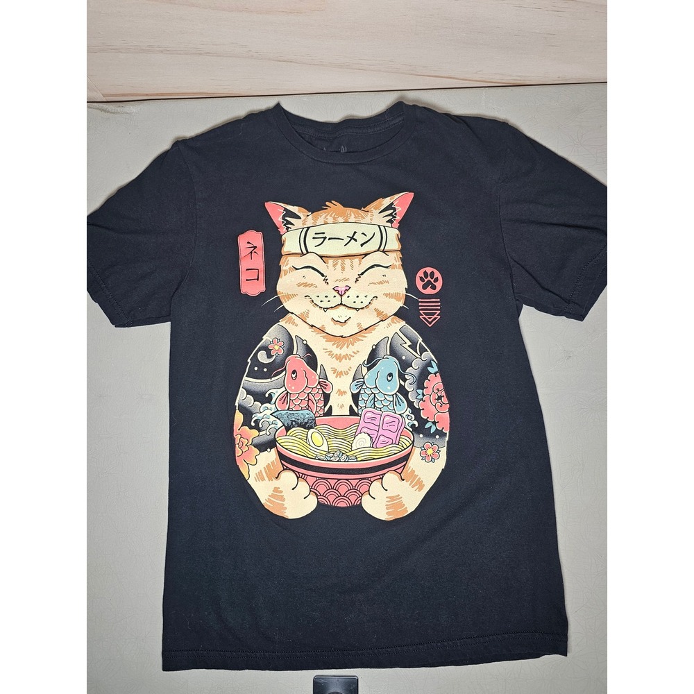 Threadless Vincent Trinidad Ramen Cat Graphic T-Shirt Black Small Womens
